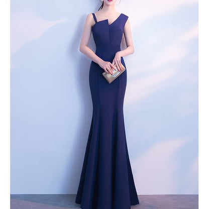 Evening Sleeveless Asymmetrical Mermaid Plain Gown