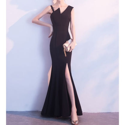 Evening Sleeveless Asymmetrical Mermaid Plain Gown
