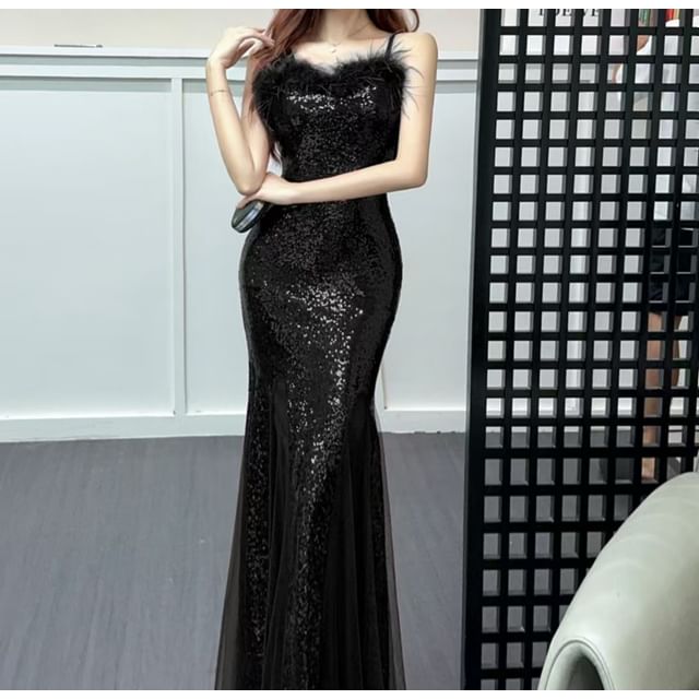 Spaghetti Strap Furry Trim Mesh Overlay Mermaid Evening Gown