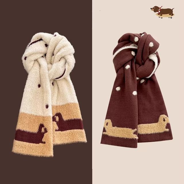 Dog Patterned Dotted Knit Scarf