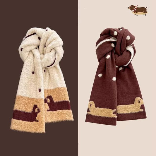 Dog Patterned Dotted Knit Scarf