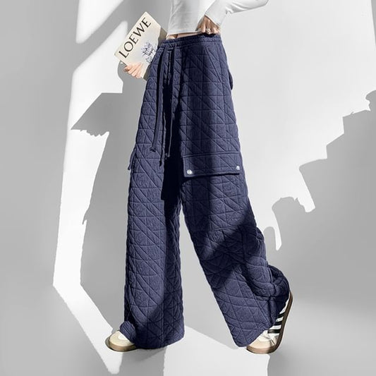 Drawstring Waist Plain Quilted Wide Leg Cargo Pants (Various Designs)
