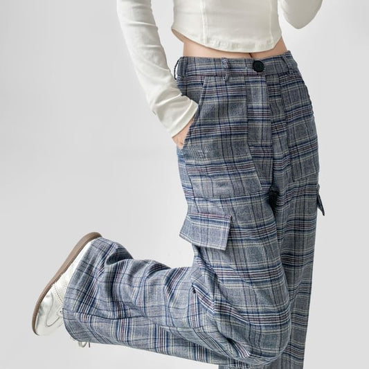 Mid Waist Plaid Wide Leg Cargo Pants
