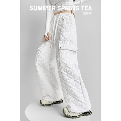 Drawstring Waist Plain Quilted Wide Leg Cargo Pants (Various Designs)