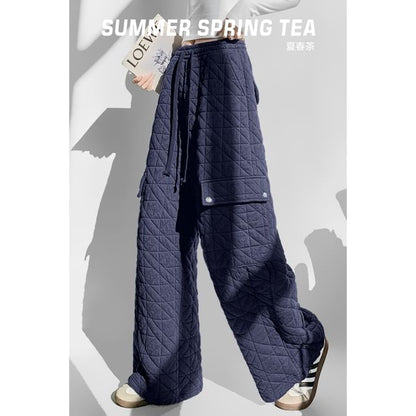 Drawstring Waist Plain Quilted Wide Leg Cargo Pants (Various Designs)