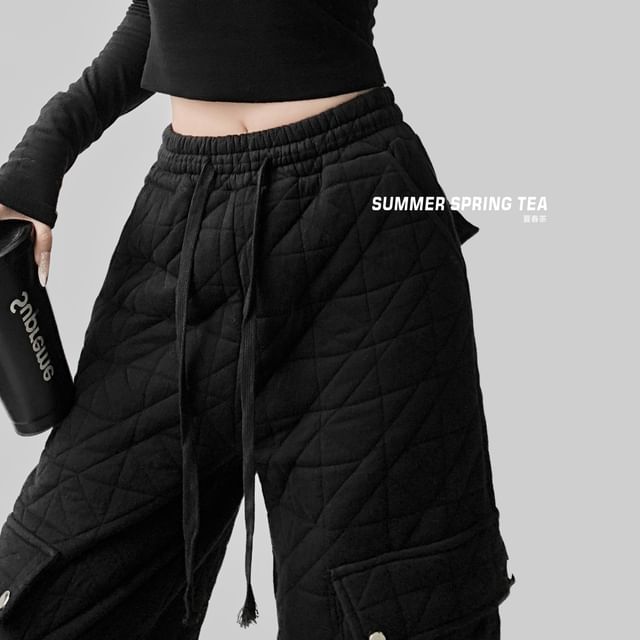 Drawstring Waist Plain Quilted Wide Leg Cargo Pants (Various Designs)
