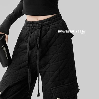 Drawstring Waist Plain Quilted Wide Leg Cargo Pants (Various Designs)