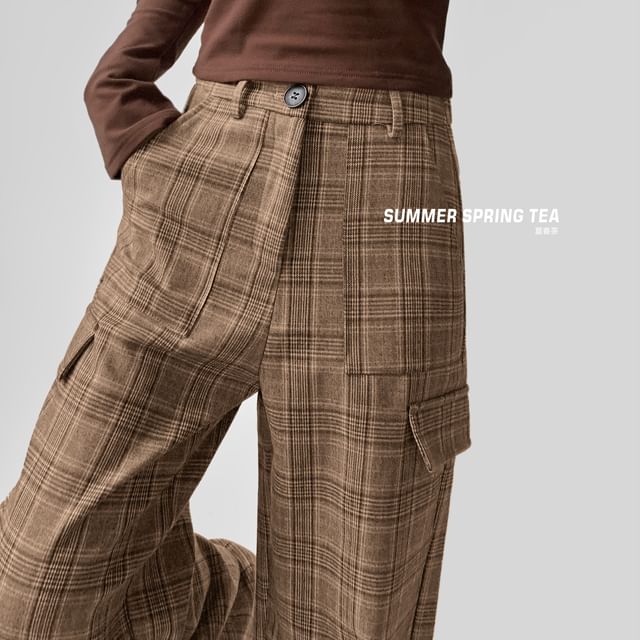 Mid Waist Plaid Wide Leg Cargo Pants