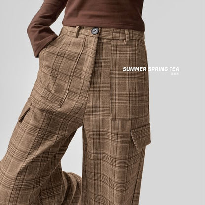 Mid Waist Plaid Wide Leg Cargo Pants
