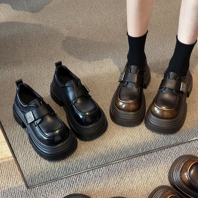 Platform Strap Shoes Faux Adhesive Leather Metal Accent