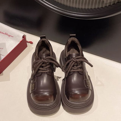 Leather Shoes Lace-Up Plain Platform Faux