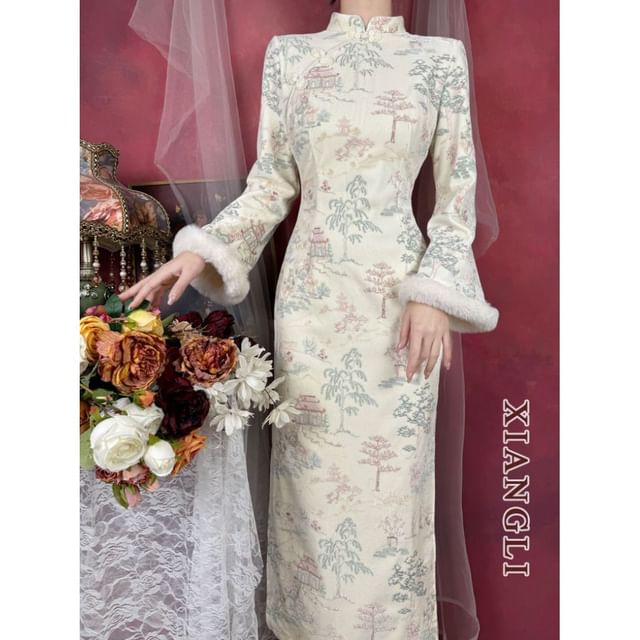 Long-Sleeve Tree Print Fluffy Trim Maxi Qipao