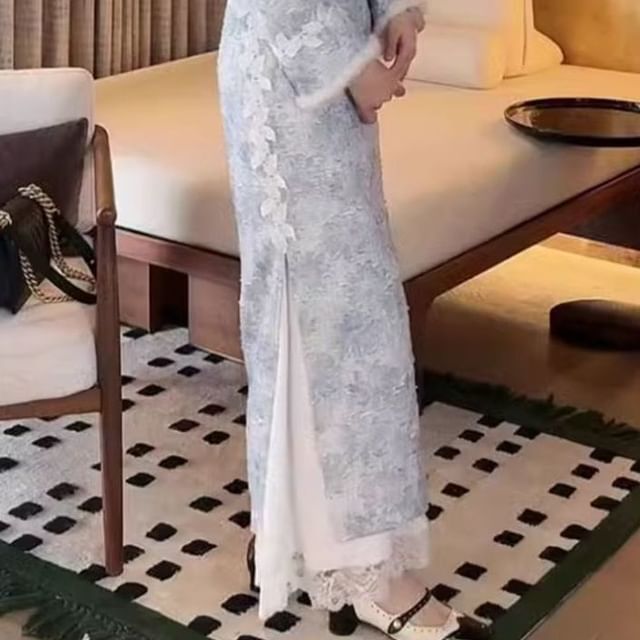 Flared-Sleeve Floral Fluffy Trim Maxi Qipao / Plain Lace Trim Slip Dress / Set