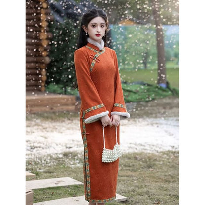 Flared-Sleeve Flower Embroidered Fluffy Trim Side-Slit Midi Qipao