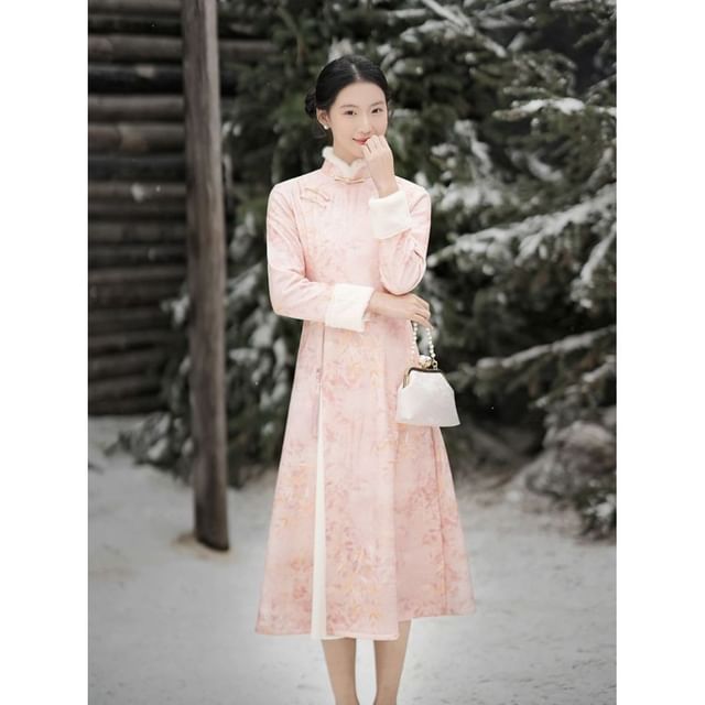 Long-Sleeve Floral Fluffy Trim Midi A-Line Qipao