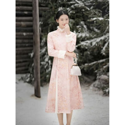 Long-Sleeve Floral Fluffy Trim Midi A-Line Qipao
