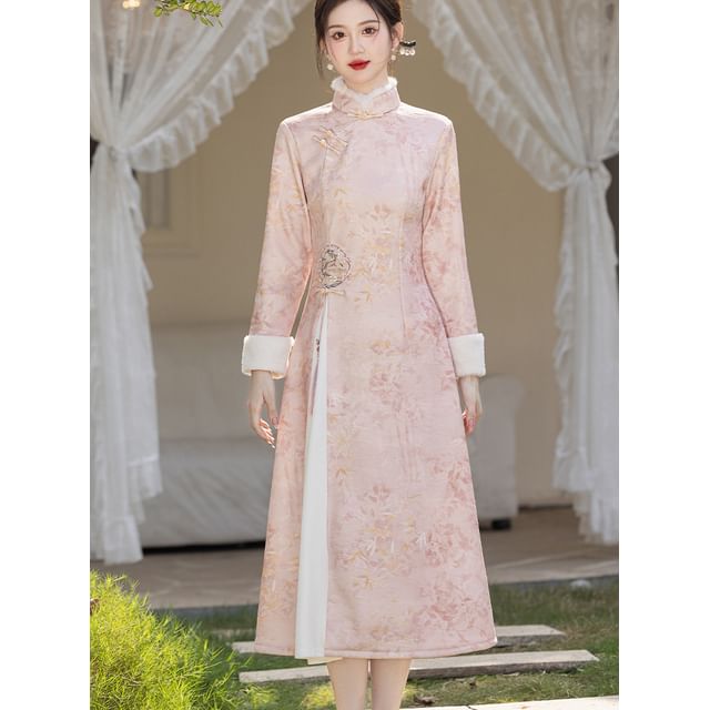 Long-Sleeve Leaf Print Fluffy Trim Midi A-Line Qipao