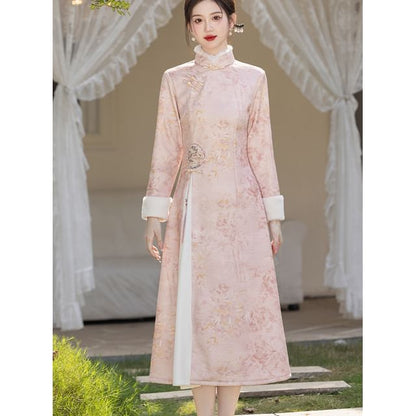Long-Sleeve Leaf Print Fluffy Trim Midi A-Line Qipao