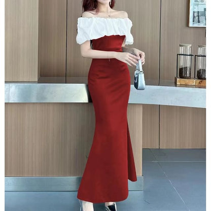 Off-The-Shoulder Ruffle Trim Two Tone Mermaid Evening Gown