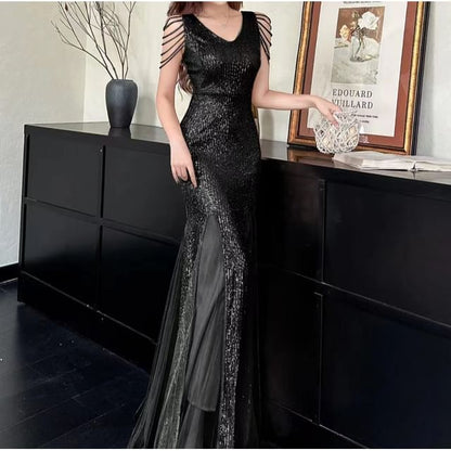 Sequined V-Neck Sleeveless Mermaid Evening Gown