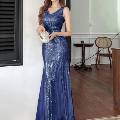 V-Neck Evening Mermaid Gown Sleeveless Sequined