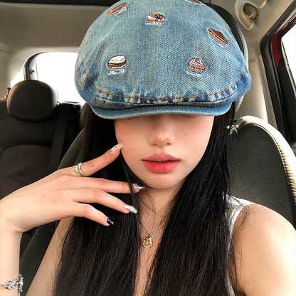 Food Embroidered Denim Flat Cap