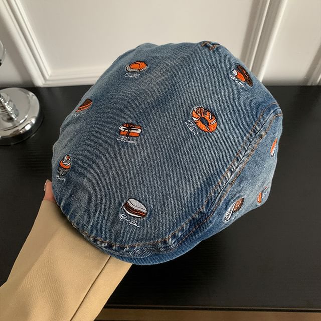 Food Embroidered Denim Flat Cap