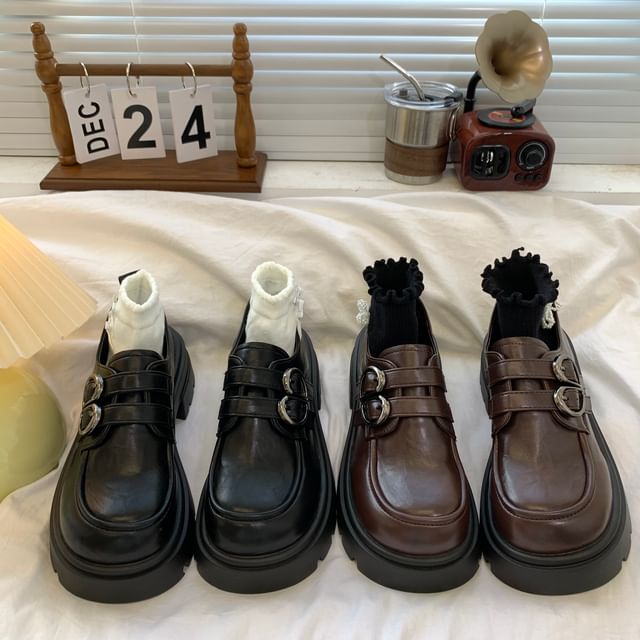 Platform Plain Buckled Faux Leather Shoes