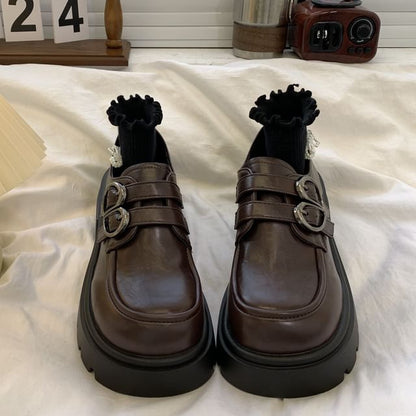 Platform Plain Buckled Faux Leather Shoes