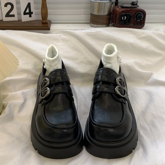 Platform Plain Buckled Faux Leather Shoes