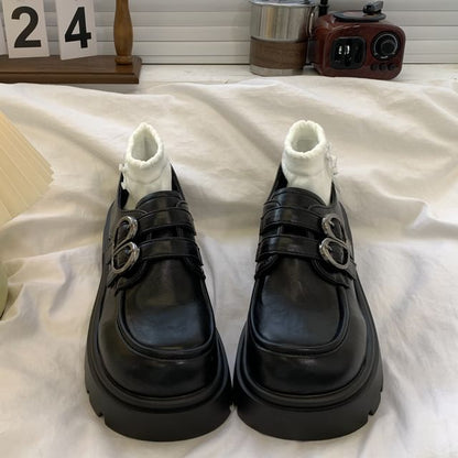 Platform Plain Buckled Faux Leather Shoes