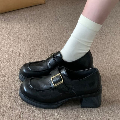 Chunky Heel Plain Buckled Faux Leather Shoes