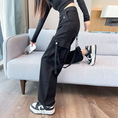 High Rise Plain Wide Leg Cargo Pants