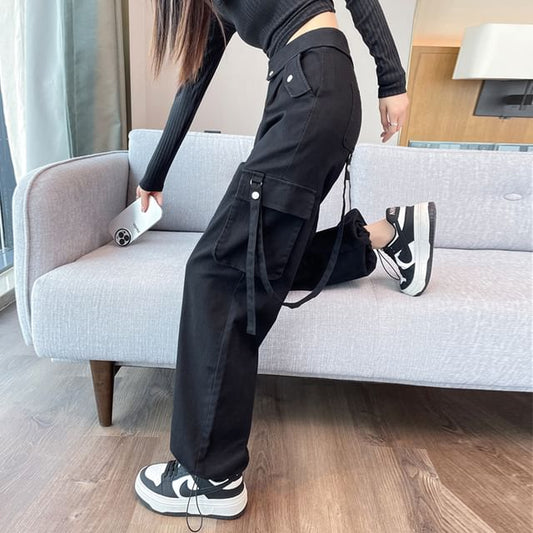 High Rise Plain Wide Leg Cargo Pants