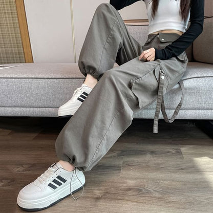 High Rise Plain Wide Leg Cargo Pants