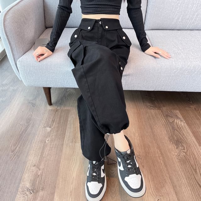 High Rise Plain Wide Leg Cargo Pants