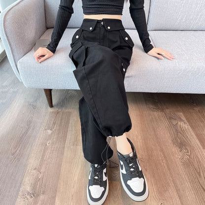 High Rise Plain Wide Leg Cargo Pants