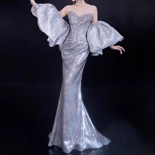 Ruched Evening Gown Strapless Sequin Mermaid