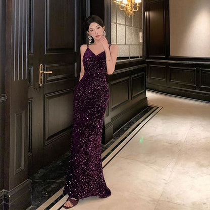 Spaghetti Strap Sequined Cross Back A-Line Evening Gown