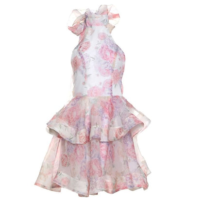 Halter Neck Floral Ruffle Mini Cocktail Party Dress
