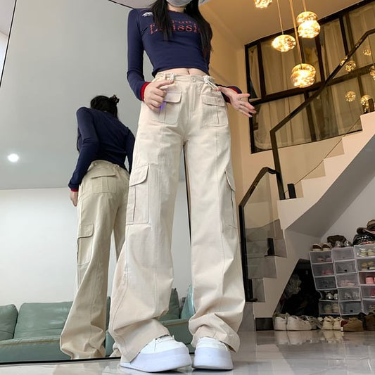 Mid Waist Plain Baggy Cargo Pants