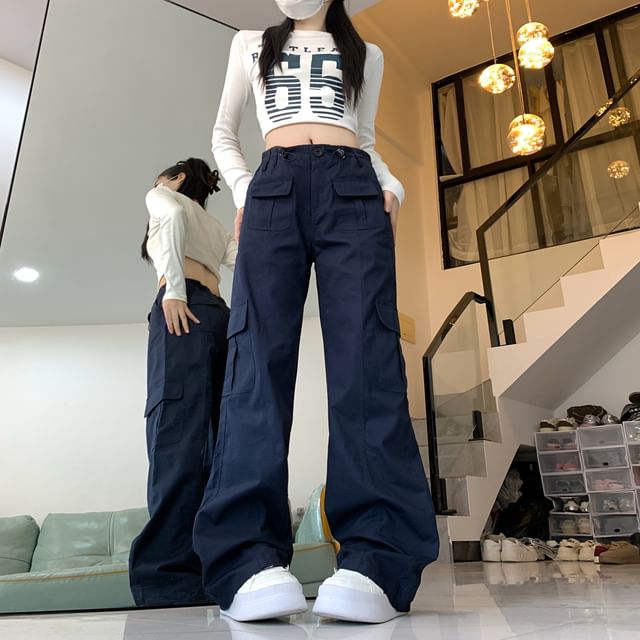 Mid Waist Plain Baggy Cargo Pants