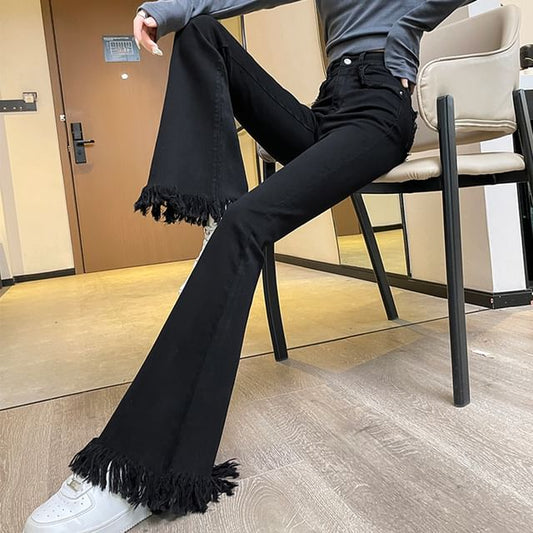 High Waist Fringed Hem Flared Pants (Various Designs)