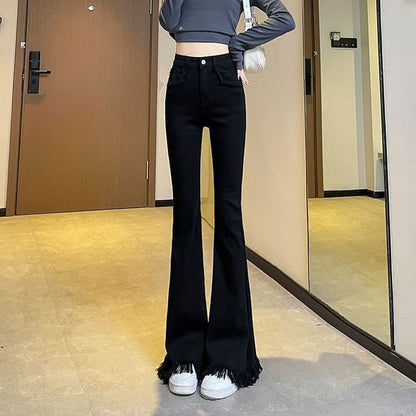 High Waist Fringed Hem Flared Pants (Various Designs)
