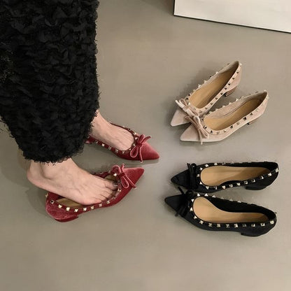 Pointed Toe Bow Studded Velvet Pumps