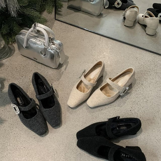 Square Toe Rhinestone Buckled Block Heel Mary Jane Pumps