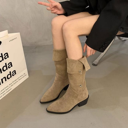 Pointed Toe Button Faux Suede Knee High Boots