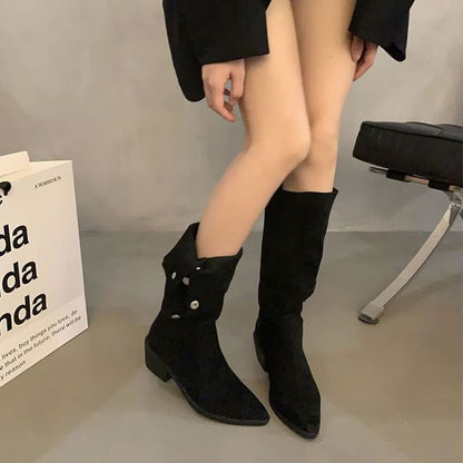 Pointed Toe Button Faux Suede Knee High Boots