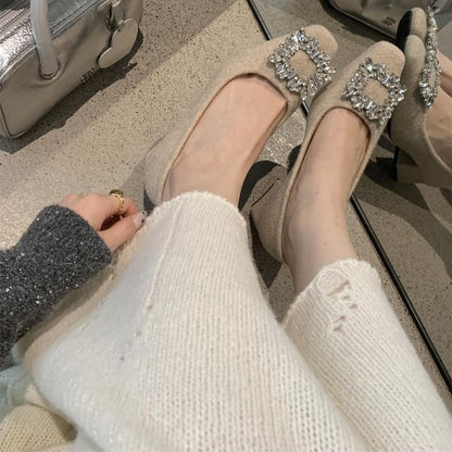 Square Toe Rhinestone Buckle Block Heel Pumps