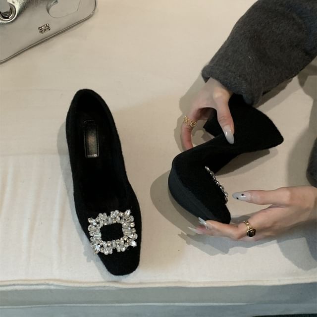 Square Toe Rhinestone Buckle Block Heel Pumps